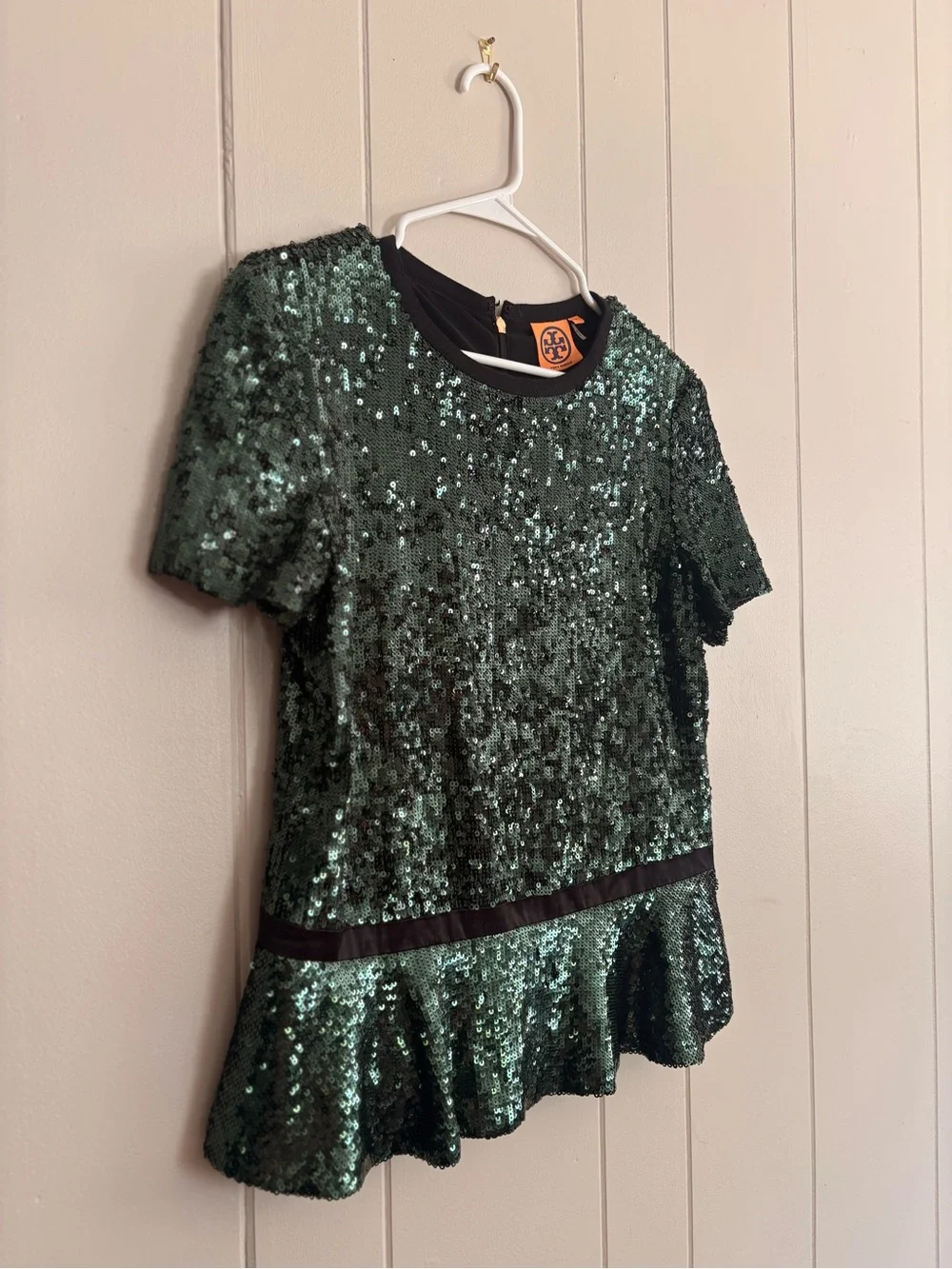 Tory Burch Emerald Green Sequin Short Sleeve Peplum Top
